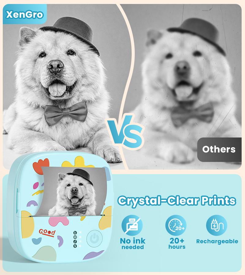 [Springglowup] XenGro Mini Printer Bluetooth included 3 Roll label Thermal Pocket Printer,Inkless Small printer B&W Printing Only for Photos, Study Notes, Lists,Memos, Journals Printing Machine Sticky Label, Birthday Gifts for Kids Girls Boys Blue