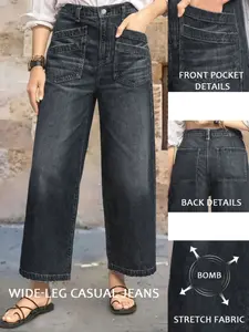 Women's Casual Streetwear Loose-Fitting Denim Jeans, Fashionable Aesthetic Versatile Wide-Leg Jeans, Washed Blue Color, Comfortable Daily Wear Pants