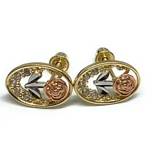10k Solid Gold Tri-Color Flower Mini Dainty CZ Stud Earrings (FCE 11)