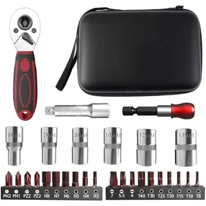29- 1/4-Inch Drive Socket Ratchet Wrench Set with Drill Bit Socket Set, Metric and Extension Bar, for  Repair and  Use, with Storage Bag for Easy Carrying Cr-V
