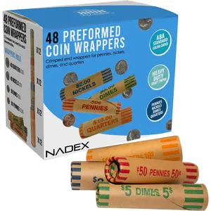 48 Assorted Preformed Crimped End Coin Roll Wrappers, 12 Each of Nickels/Dimes/Pennies/Quarters