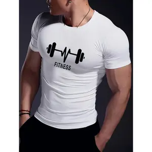 Men's 'FITNESS' Print Short Sleeve Fitness T-shirt, Tight Comfy Breathable Sports Top For Gym, Running And Exercise