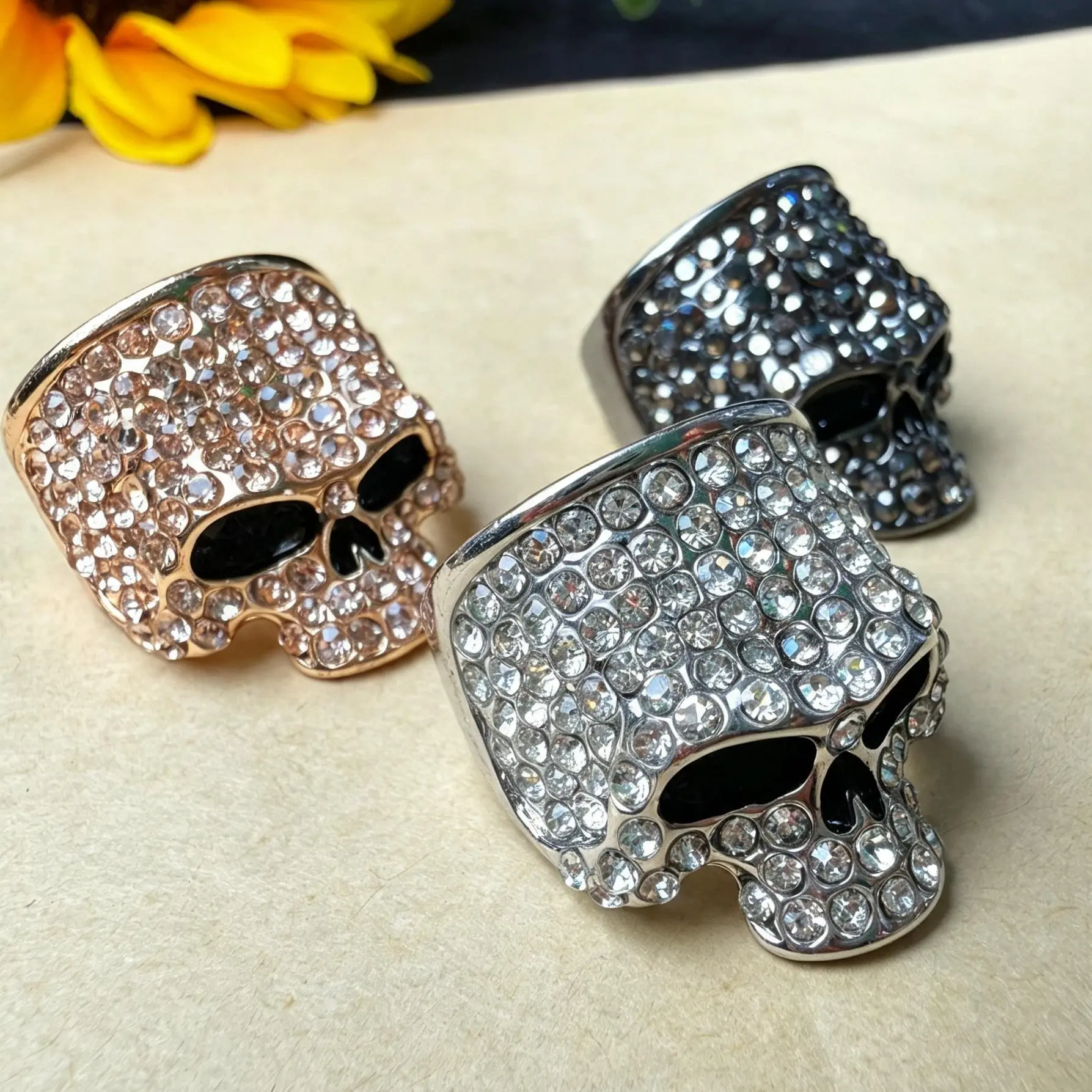 Edgy Style & Gothic Fashion Lovers, Pave Skull Ring, Silver Tone Black Tone Champagne Tone, Pave Rhinestone, Bold Statement Piece with Black Eye Details. High Quality. Perfect for Daily Wear, Y2K Accessories, or Unique Gift for Her.