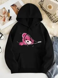 Women's Bear Print Thermal Lined Hoodie, Fashion Casual Drawstring Pocket Hooded Sweatshirt for Daily Holiday Outdoor Wear, Women Clothing for Fall & Winter, Graphic Casual Hoodie