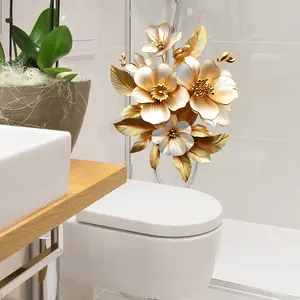 A gold floral spring toilet sticker for bathroom and toilet decoration, self-adhesive, M10146
