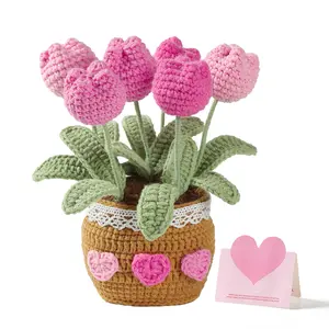 Crochet Flowers Kit Tulips Knitted Flower Bouquet puffed Crocheted Potted Plant Handmade Forever Tulip Pot Crafted Decor Decorative Fruit