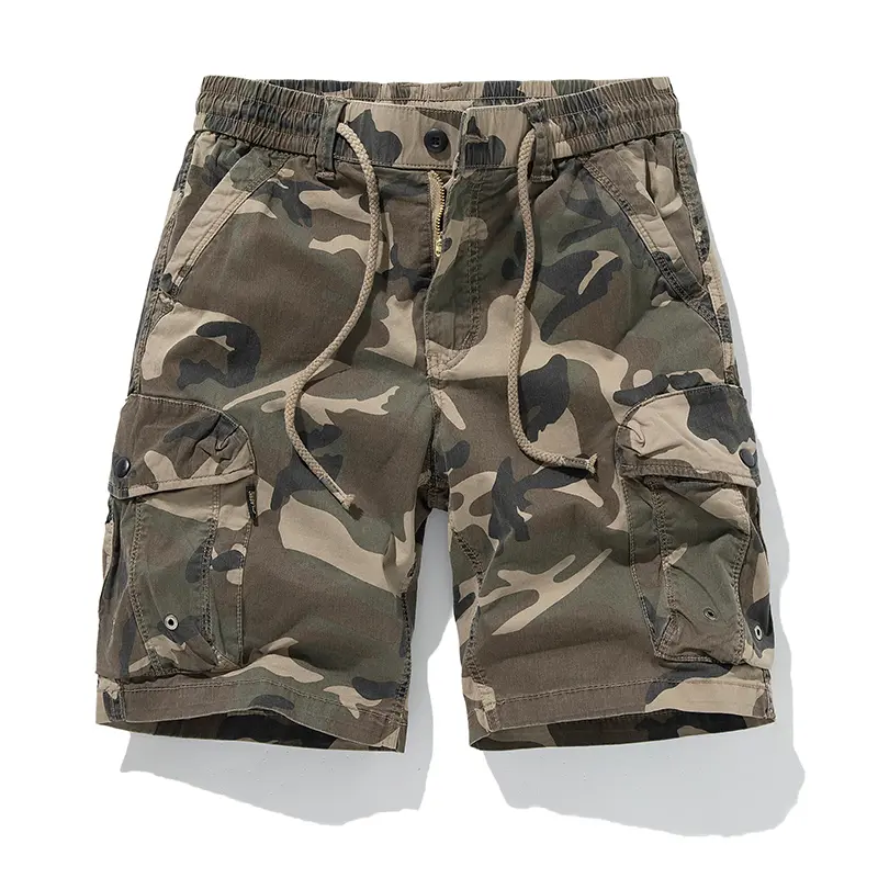 Men's breathable camouflage straight-leg work shorts, knee-length, double drawstring waistband, button fly, multiple side flap pockets, rivet decoration on the cuffs, suitable for summer outdoor hiking and everyday casual wear#Summer atmosphere