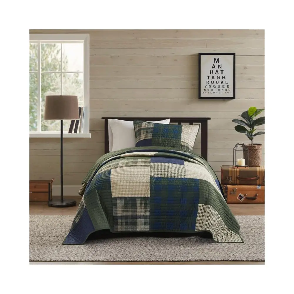 Quilt Set Patchwork Channel Quilting, Cottege Coverlet for Twin Size Bed All Seasons, Lightweight Prewashed Cotton Coverlet Bedspread, Shams, Oversized Twin/Twin XL Green 2 Piece
