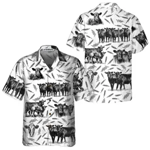 Monochrome Black Angus And Wheat Pattern Cow Hawaiian Shirt, Funny Hawaiian Shirt With Cows, Short Sleeve Casual Button Down Shirts Summer Beach Shirt, Tropical Floral Shirt