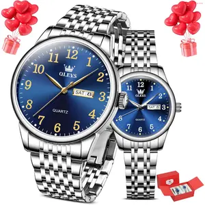 Fashion Brand OLEVS Couple Watches Men and Women Silver Gold Two Tone Stainless Steel His and Hers Watches Set Waterproof Dainty Dress Analog Quartz Matching Wrist Watches for Couples Silver Blue Grey Dail