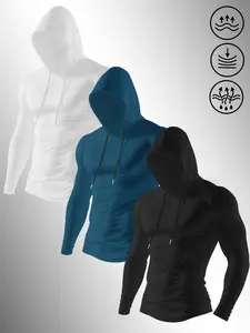Men's 3-Pack Quick Dry Hooded Workout Shirts, Slim Fit Athletic Compression Tops, Long Sleeve Gym Hoodies with Drawstring for Running, Training, Fitness, Compression Sports Top, Fitness Activewear #tiktokmademebuyit