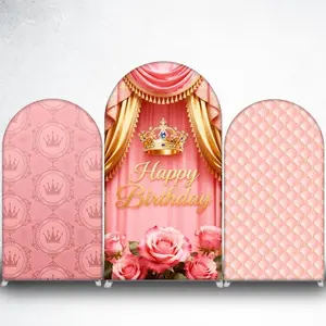 15-day Delivery Pink and Gold Crown Happy Birthday Arch Backdrop Cover for Princess Party
