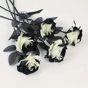 5 Fake Black and White Rose Bouquets, Artificial Fake Flowers, Lifelike Artificial Flower - Durable plastic fake flowers, suitable for Halloween, wedding decorations, no need for maintenance, realistic petal design