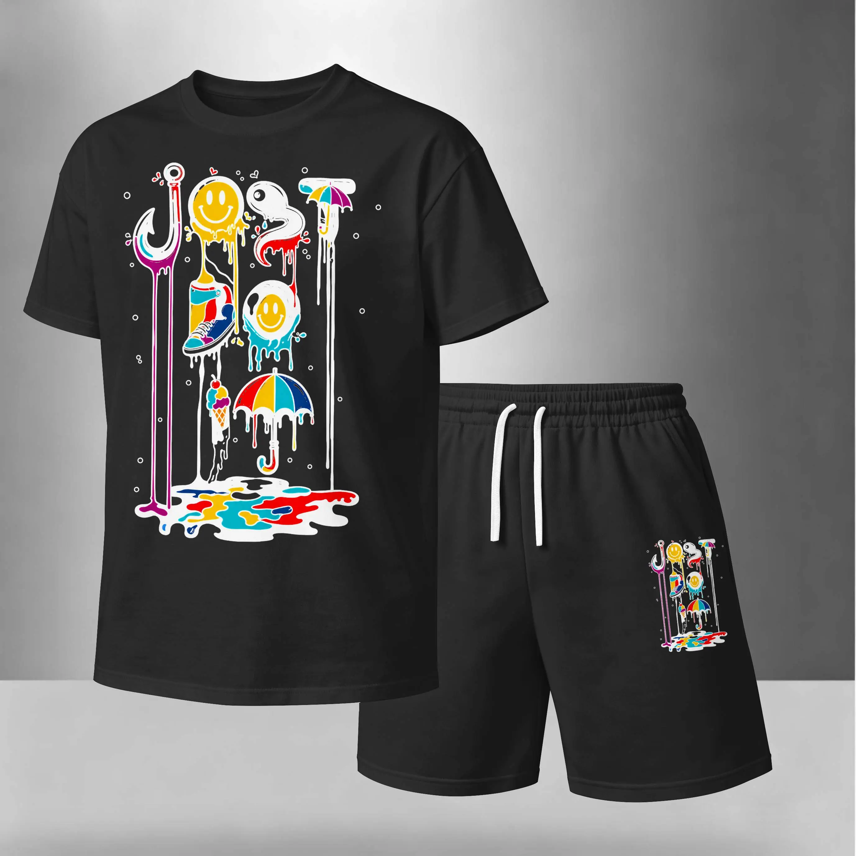 Men’s Summer 2 Piece Set, Splashed-Ink Art Letter Print Short Sleeve T Shirt and Drawstring Shorts Matching Outfit, Lightweight Breathable Casual Set for Travel, Streetwear, Beach, Vacation, and Daily Wear