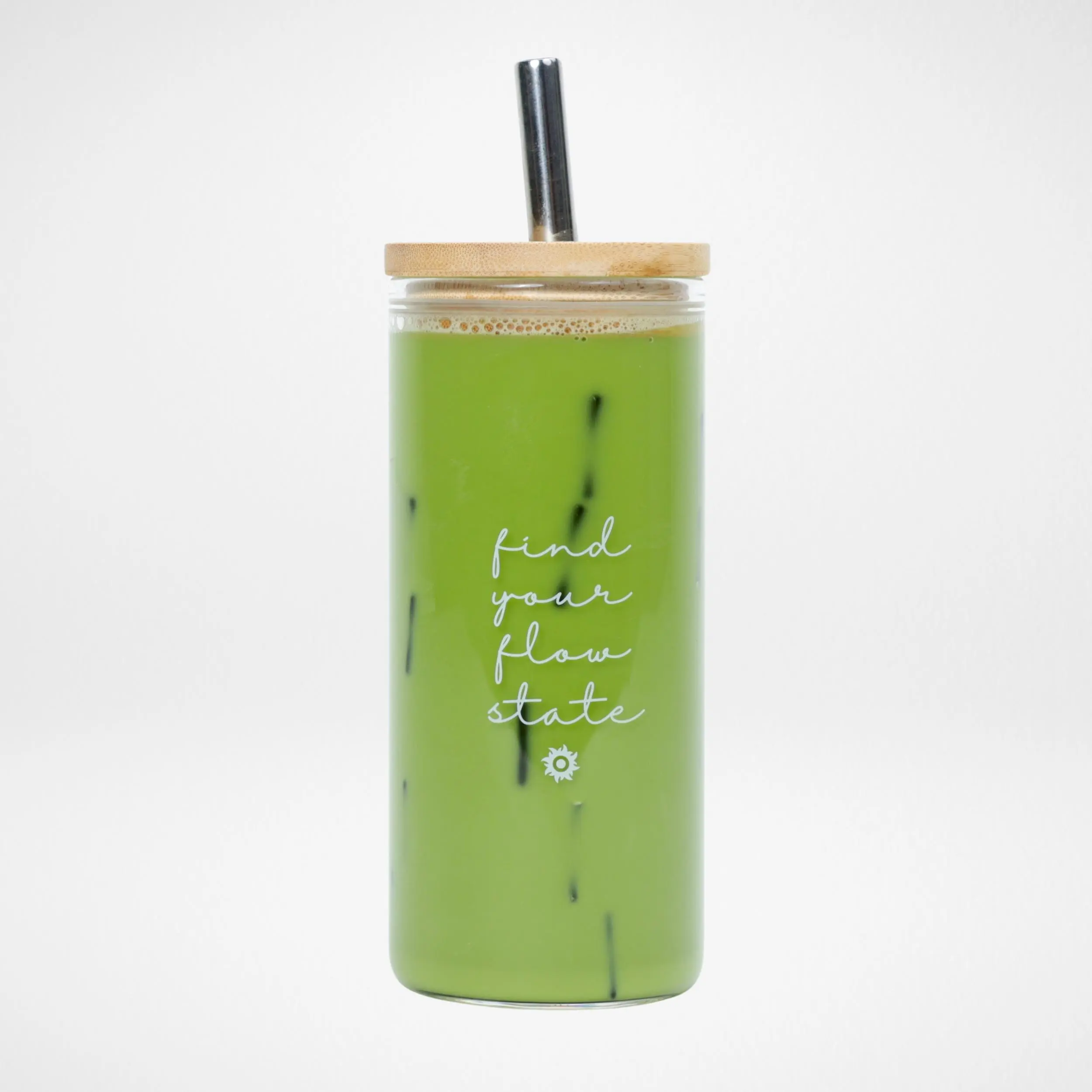 Tenzo Glass Matcha Tumbler 20oz – “Find Your Flow State” Etched, Reusable Cup with Bamboo Lid & Steel Straw, Aesthetic, Eco-Friendly, Iced Latte Drinkware