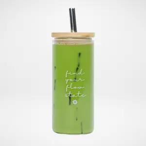 Tenzo Glass Matcha Tumbler 20oz – “Find Your Flow State” Etched, Reusable Cup with Bamboo Lid & Steel Straw, Aesthetic, Eco-Friendly, Iced Latte Drinkware