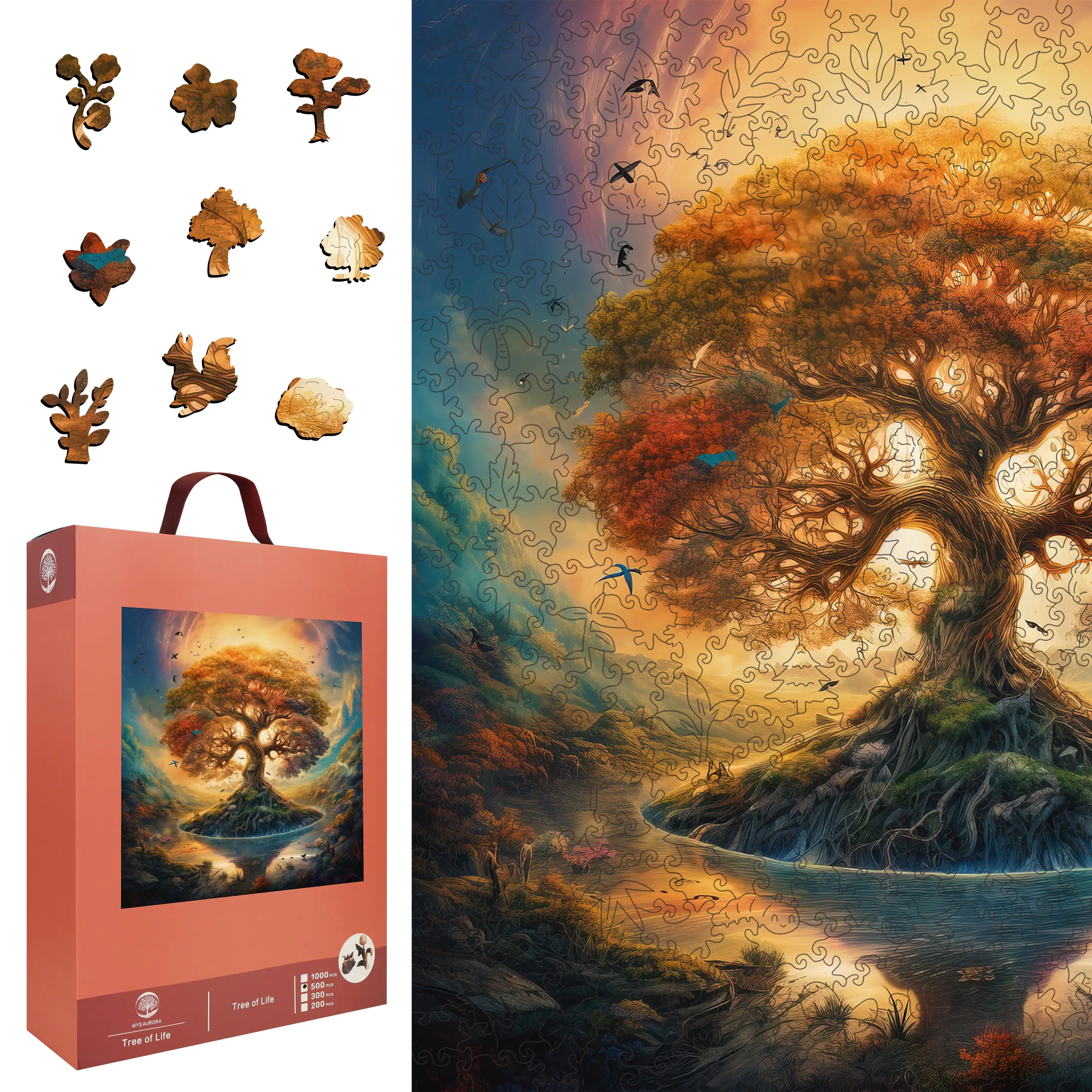 Tree of Life Shadow Mys Aurora Wooden Jigsaw Puzzle for Kids and Adults 200 500 Pcs Unique Shape Nice Box Packing Fun Challenging Brain Exercise Famil