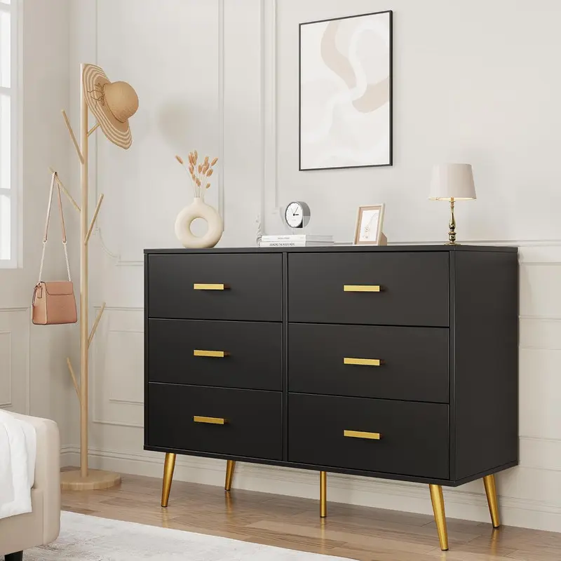 GARVEE Modern 6-Drawer Wooden Dresser with Gold-Tone Handles - Indoor Furniture for Bedroom, Living Room, Six Drawers