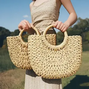 1pc Handwoven Straw Tote Bag - Large, Round Handle, Rattan Design, for Summer Beach & Travel, Unlined, No Closure, Beach Accessory| Rattan Bag| Open Top Bag