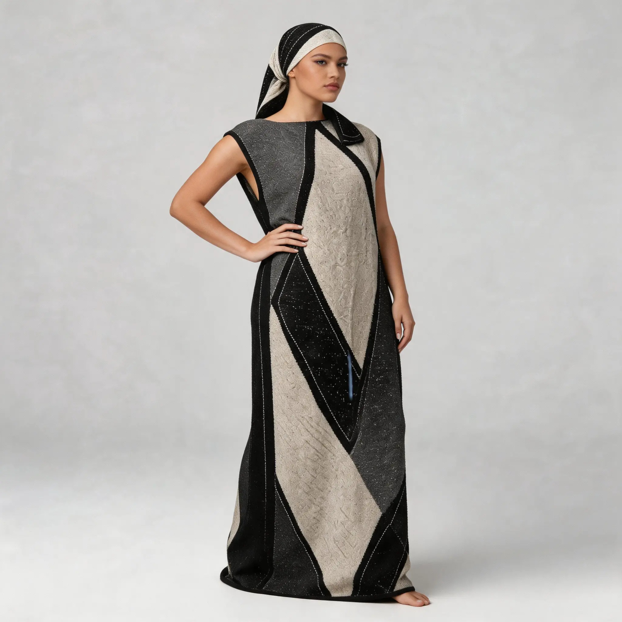 Satin Geometric Print Kaftan Dress for Women, Lightweight Batwing Sleeve Apparel with Scarf for Parties, Party, Oversized, Fit, Modest, Breathable, Elegance, Aesthetics, Minimalist, Crew Neck, Geometric Art, All Seasons, Casual