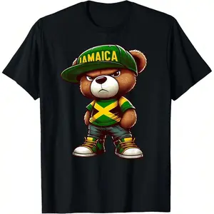 Teddy Bear Jamaica Flag Jamaican Men's Summer Casual T-Shirt, Comfortable - Breathable, Soft, Slightly Stretching, Street Hip Hop Style T-Shirt 100% Cotton All-Season Wear Individuality Unisex Top 220g