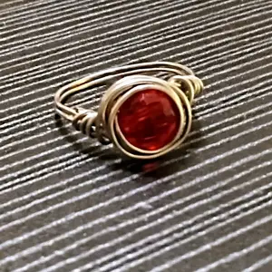 Handmade SilverTone Wire Wrapped Ring in Size 6 and Half with Deep Red Bead Color - Fashion Accessory