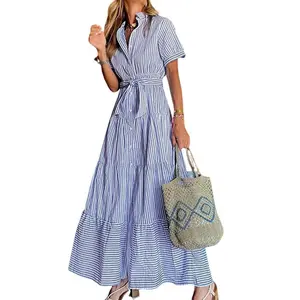 Chouyatou Women Button Down Striped Dress Lapel Collar Short Sleeve Dresses Loose High Waist Long Dress with Belt