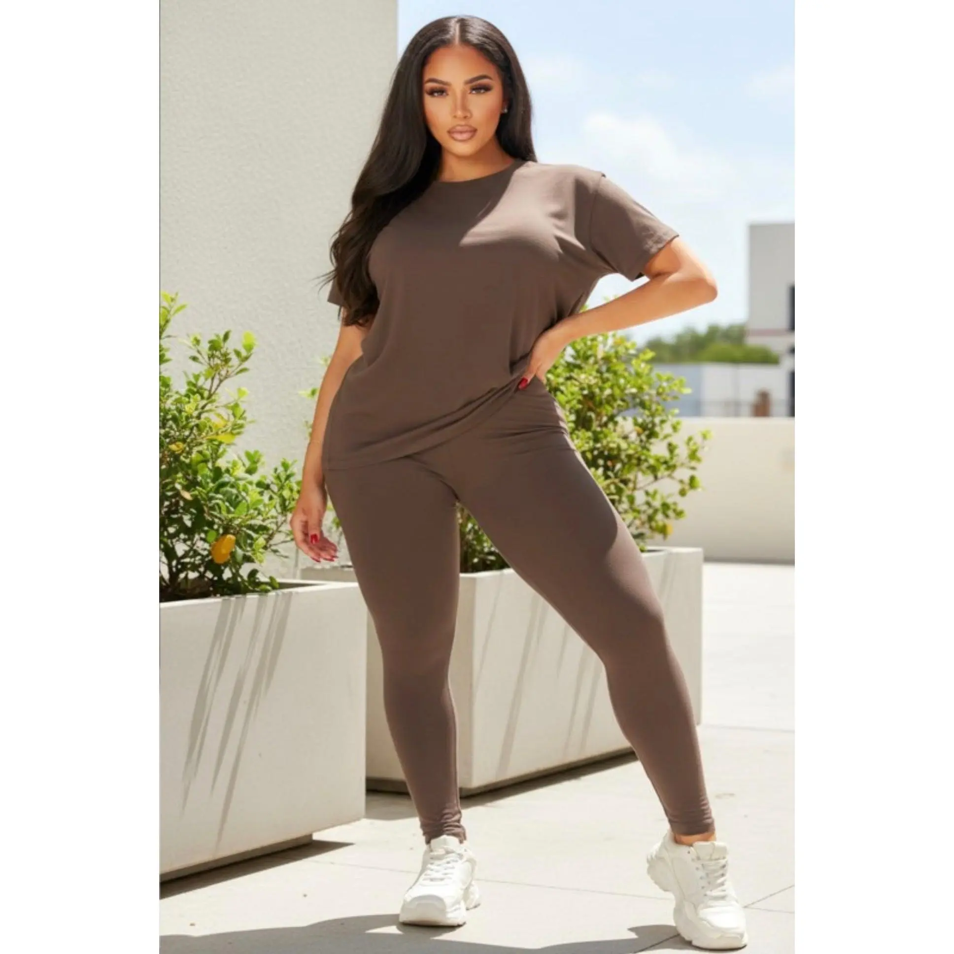 Women's Plain 2-Piece Lounge Set, Soft Minimalist Round Neck Short-Sleeve Tee and Leggings Loungewear Outfit, Light, Cute, Lady, Cozy Ootd, Basic, Shortsleeve, Casual, Ready To Wear, Women 2 Piece Sets, Loungewear Sets