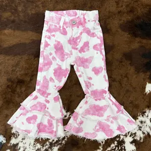 Kids Girls Western Pink Cow Print Stylish Double Riffle Bell Bottom Denim Pants Playful Style