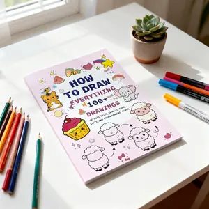 A4 Size Drawing Book, Coloring Book with over 100 Cute Illustrations, Step-By-Step Guides on Animals, Food & Gifts, Perfect Gift for Friends and Family