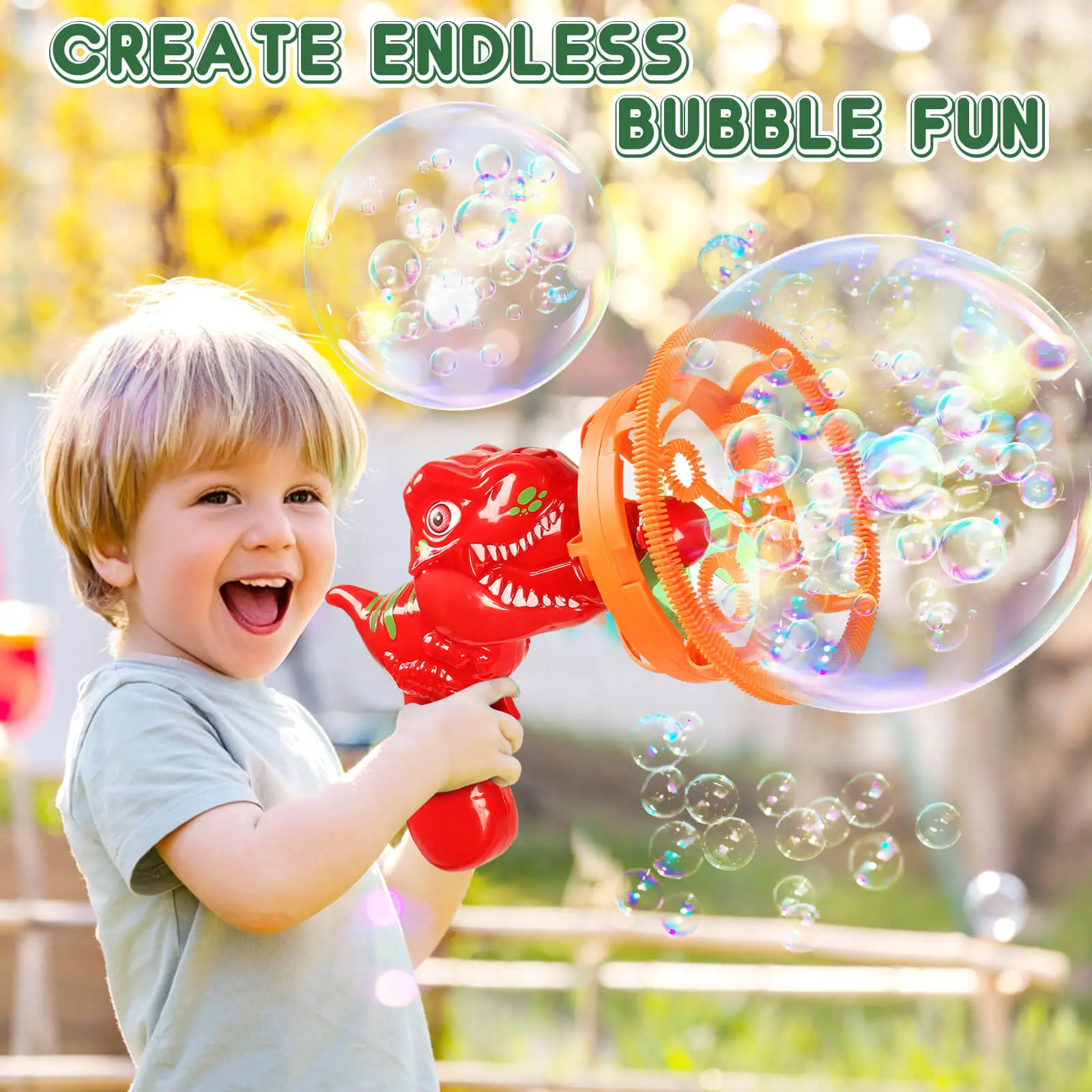 Springtok 2 IN 1 Dinosaur Bubble Blower Bubbles Toy for Kids,1000 Bubbles Per Minute,Bubble Gun with Refill Solution,Double Layer Bubble for Fun Play,