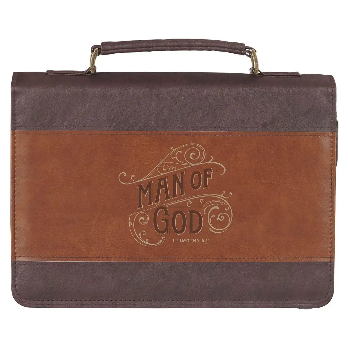 Men's Large Honey-Brown and Espresso Faux Leather Bible Cover - 1 Timothy 6:11, Religious Accessory, Ideal Gift (Luggage & Bags, Men's Briefcases), Design, Pu Leather, Carry Handle, Zipper Pull, Pen Loops, Typographic, Debossed Text