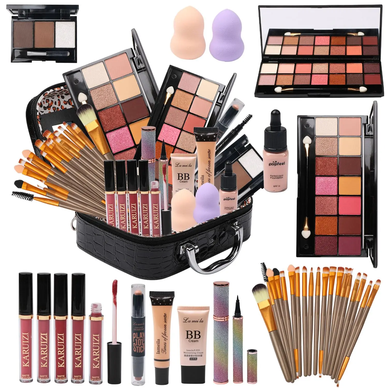 All-in-1 Makeup Kit, Long-Lasting Waterproof Cosmetic Set with 2 Eyeshadow Palettes, Foundation, 20 Brushes & Storage Bag for All Skin Types
