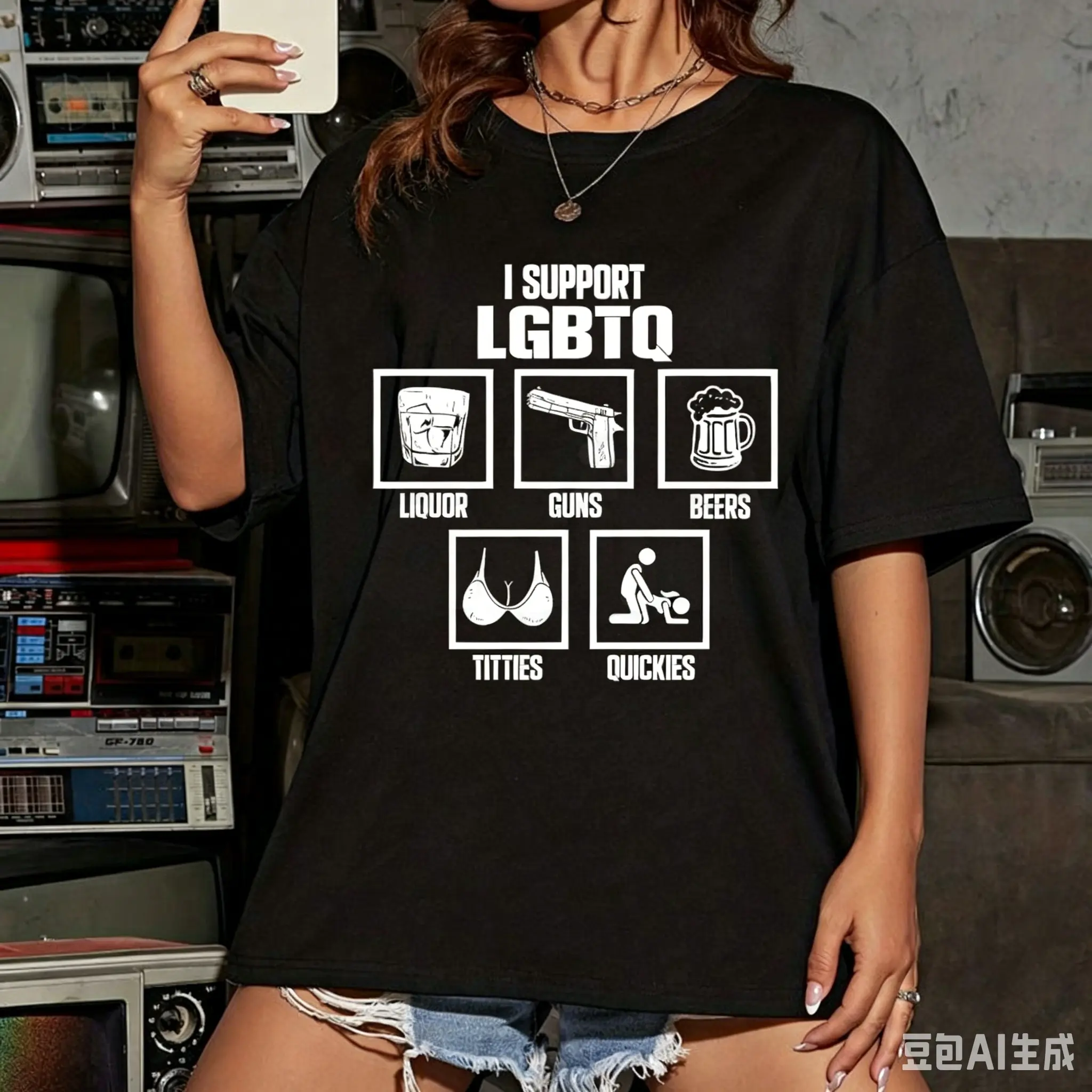 "I Support LGBTQ" Funny Acronym T- Shirt- Liquor Guns Bacon Titties Quickies Tee,Premium 100% Cotton Sarcastic Beer & Bacon Top, Soft Lived-In Heavyweight Rowdy Meme Shirt, Made in UsA