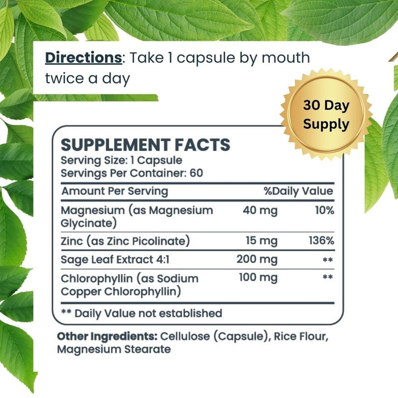 DeoCaps Oral Deodorant - Whole Body Deodorizing Supplement + Sweat Relief - 60 capsules - Pharmacist-Formulated with Chlorophyllin, Sage, Magnesium, and Zinc - Freshen Breath & Reduce Odor In Underarms, Intimate Areas & Feet