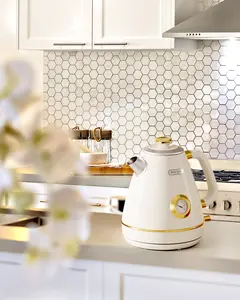 Hazel Quinn Retro Electric Kettle - 1.7 Liters / 57.5 Ounces Tea Kettle with Thermometer, All Stainless Steel, 1200 Watts Fast Boiling, BPA-free, Cordless, Automatic Shut Off - Pearl White