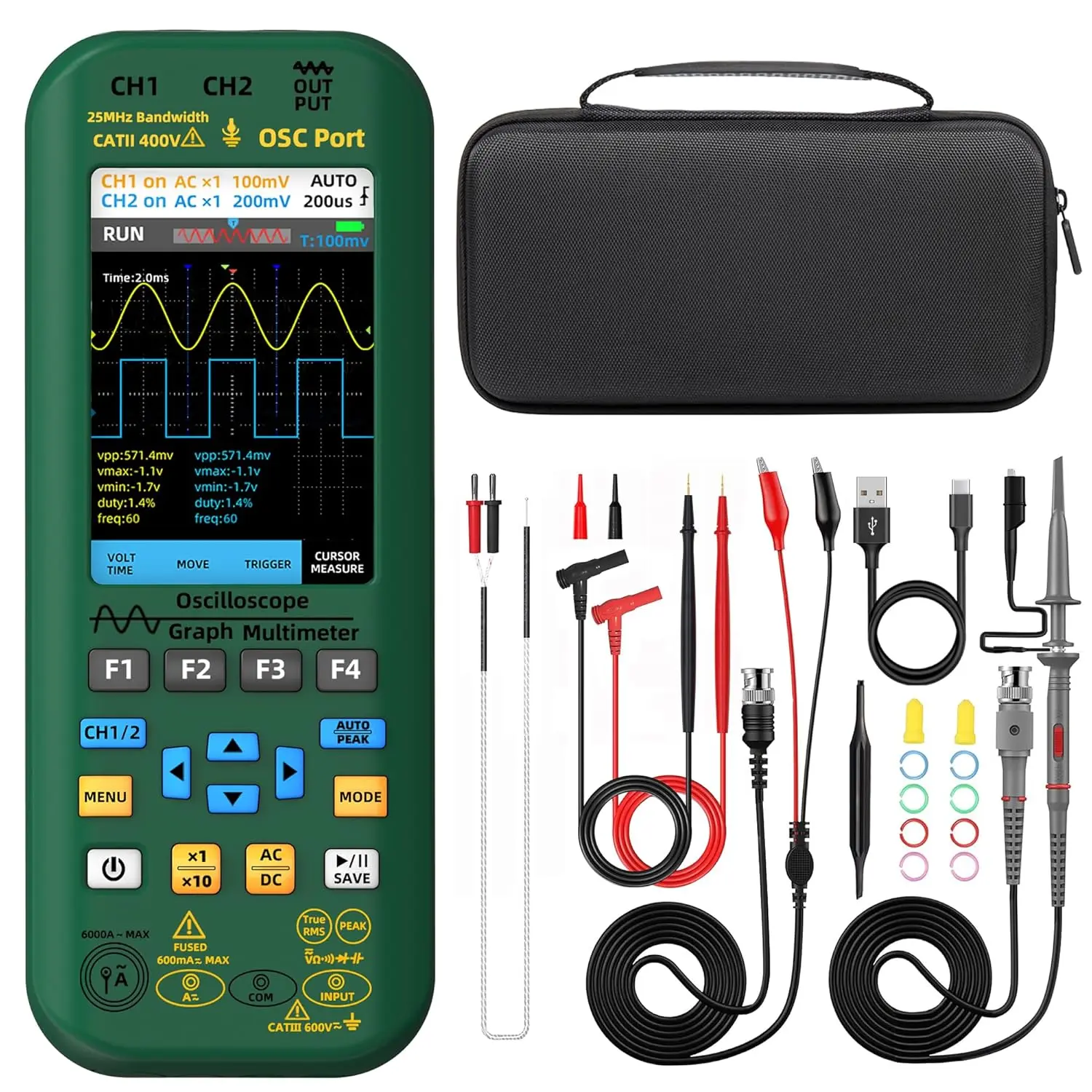 BSIDE Dual  Oscilloscope Multimeter 50MHz Bandwidth Handheld oscilloscope 3.98'' TFT Digital Oscilloscope Multimeter Signal Generator Flexible Current Clamp 4 in 1 Tester