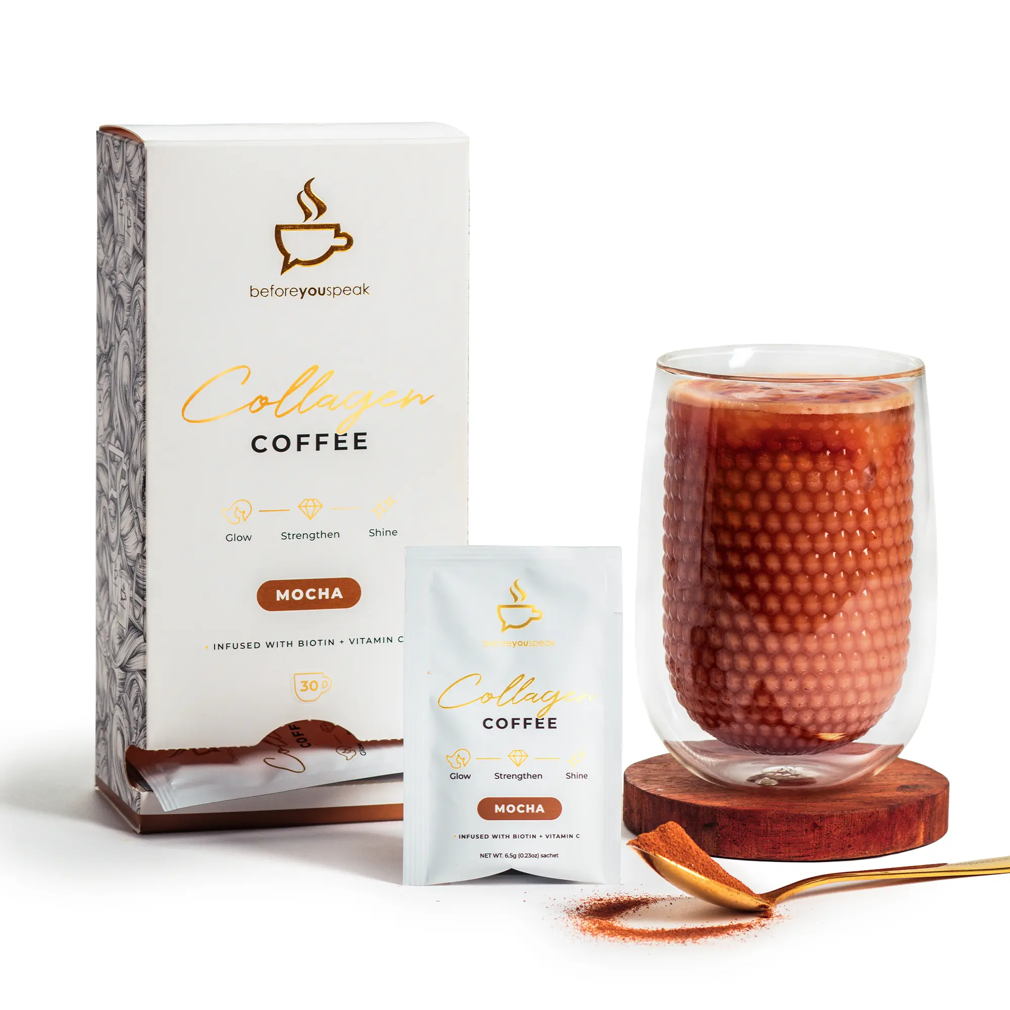 Beforeyouspeak Collagen Coffee - Mocha, Instant Colombian Coffee with Marine Collagen, Single Serve Sachets, Hair, Skin & Nails Support, Gluten Free, Keto Friendly, No Added Sugar, 30 serves