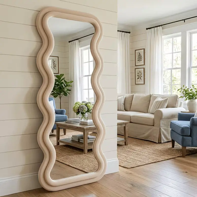 Large Size Irregular Dressing Floor Mirror - Elegant Durable Metal Frame, Fabric-Wrapped Modern Home Decor Mirror Accent Piece for Rooms