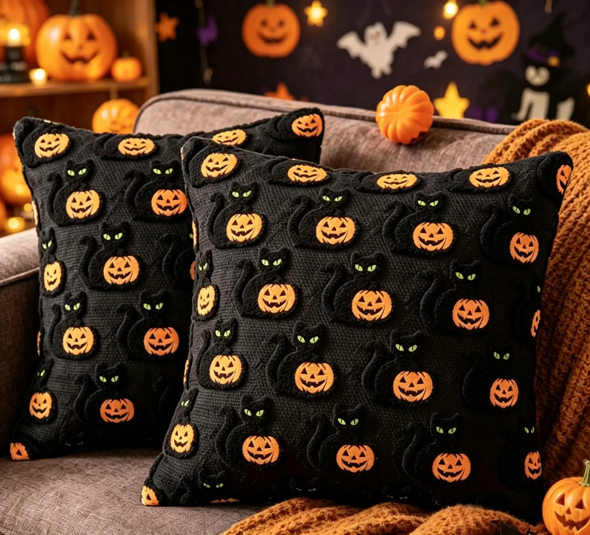 Halloween Pillow Covers 18x18 inch Set of 2 Black Cat Pumpkin Throw Pillow Cases Soft Plush Faux Fur Wool Couch Cushion Case for Chair Sofa Bedroom Living Room Home Decor