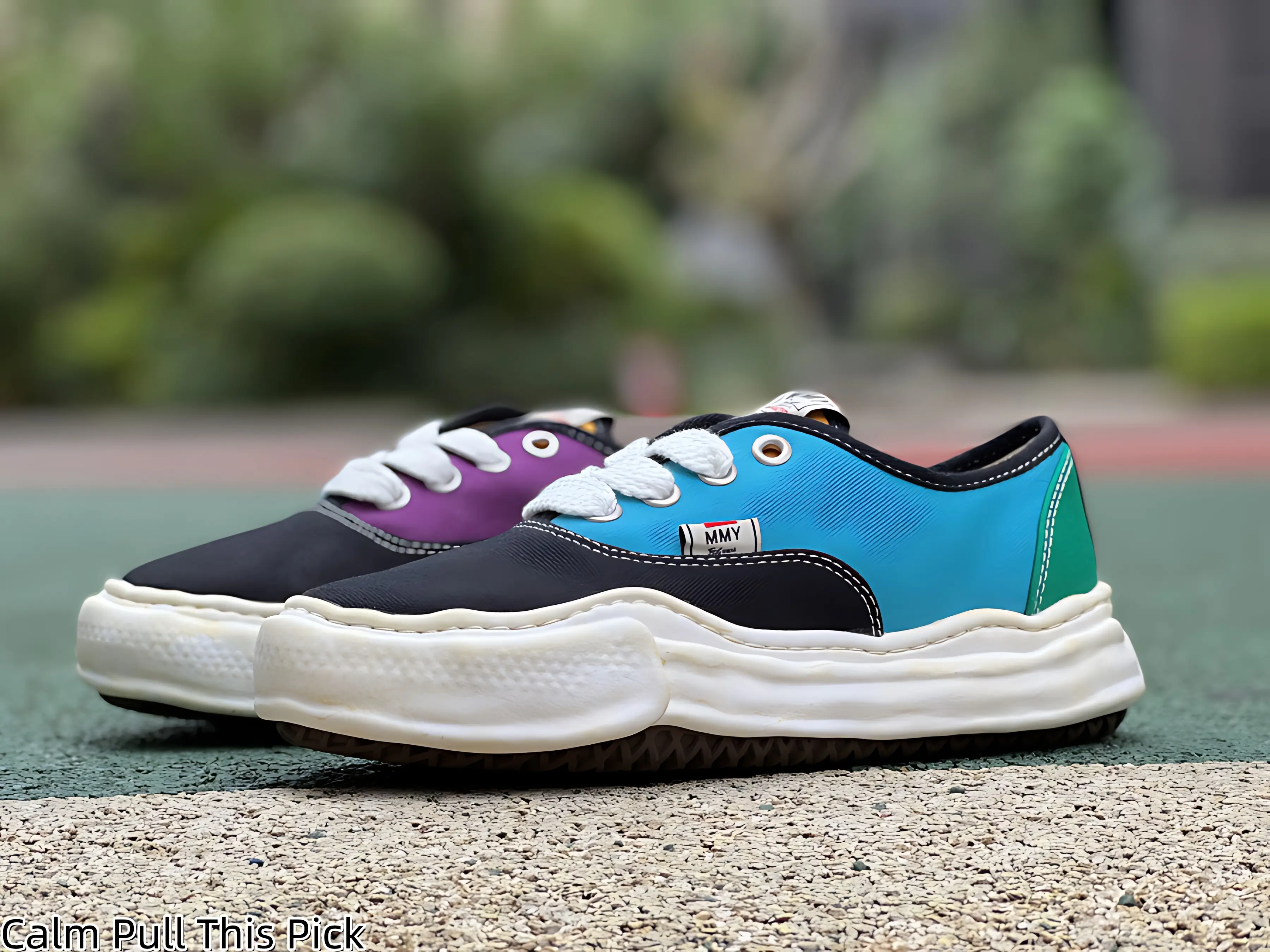 Vibrant Multi Tone Patchwork Canvas Unisex Platform Sneakers Brand New Sealed with Original Shoe Box, Asymmetric Mismatched Design Wavy Distressed Sole Breathable Casual Daily Wear Shoes