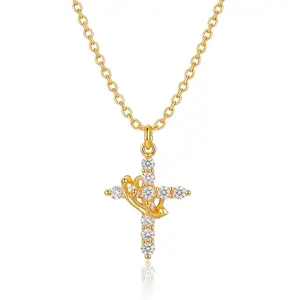 LANDEN Dainty Crown Cross Necklace with Cubic Zirconia - 14K Gold Plated CZ-Embedded Cross Pendant Choker, Non-Tarnish Jewelry Gift for Women