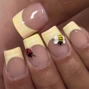 24pcs Spring Fun Ceiling! Plaid French 3D Insect Fake Nails, Soft Cute, Perfect for Commute and Dates, Great for Photos