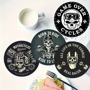 1 set of 6-piece motorcycle themed wooden coasters - heat-resistant design, suitable as kitchen accessories for coffee and glass cups, perfect for decorating Thanksgiving, Christmas, Halloween, Easter, and Thanksgiving