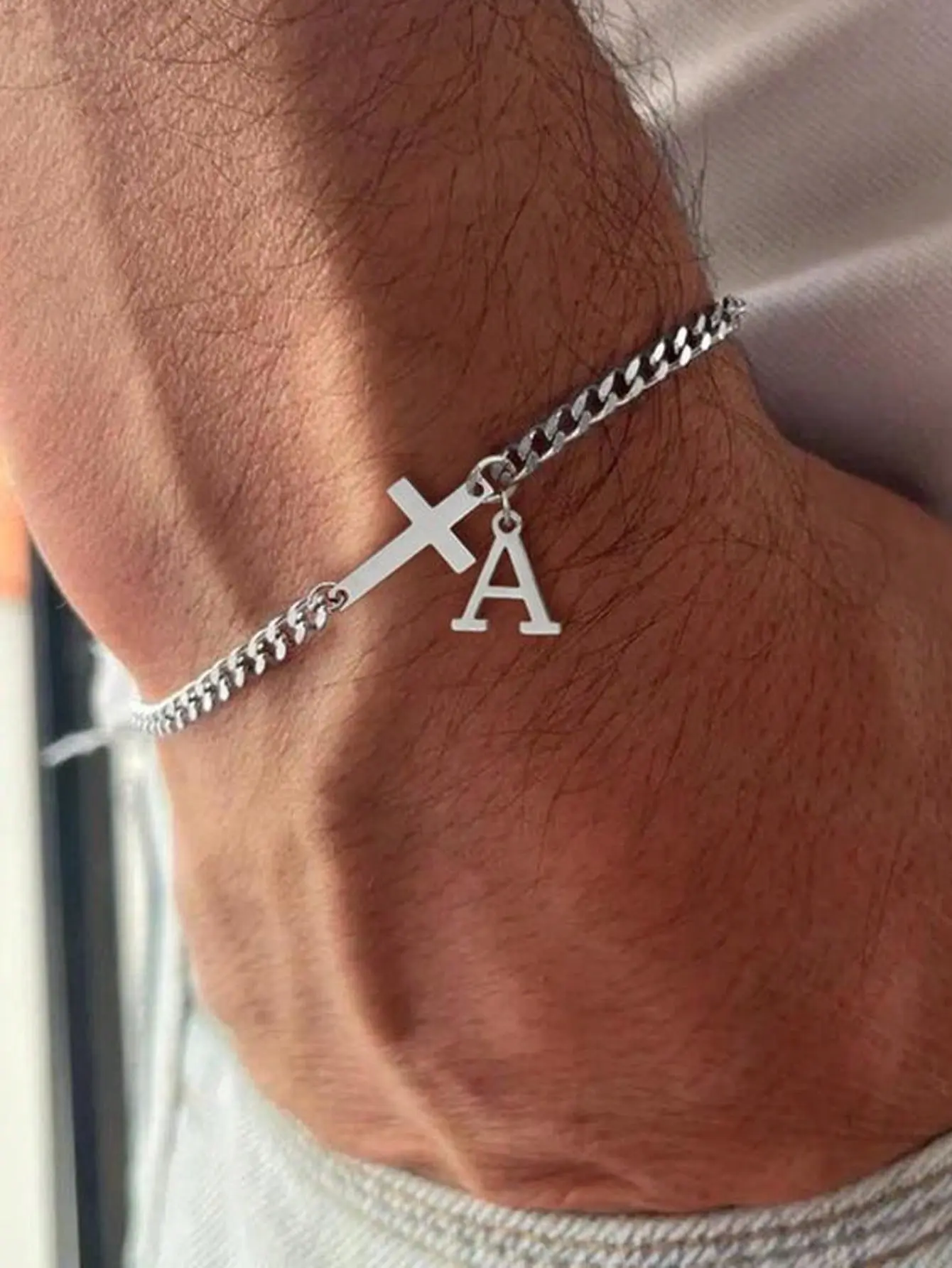 Men’s Personalized Cross & A-Z Initial Pendant Bracelet - Stainless Steel Bracelets, Minimalist Daily Jewelry, Guys Gifts, BF Birthday Gifts for Boyfriend