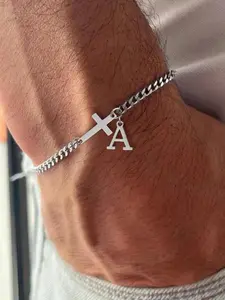 Men's Cross & Letter Bracelet | A–Z Initial Pendant | Simple Daily Wear