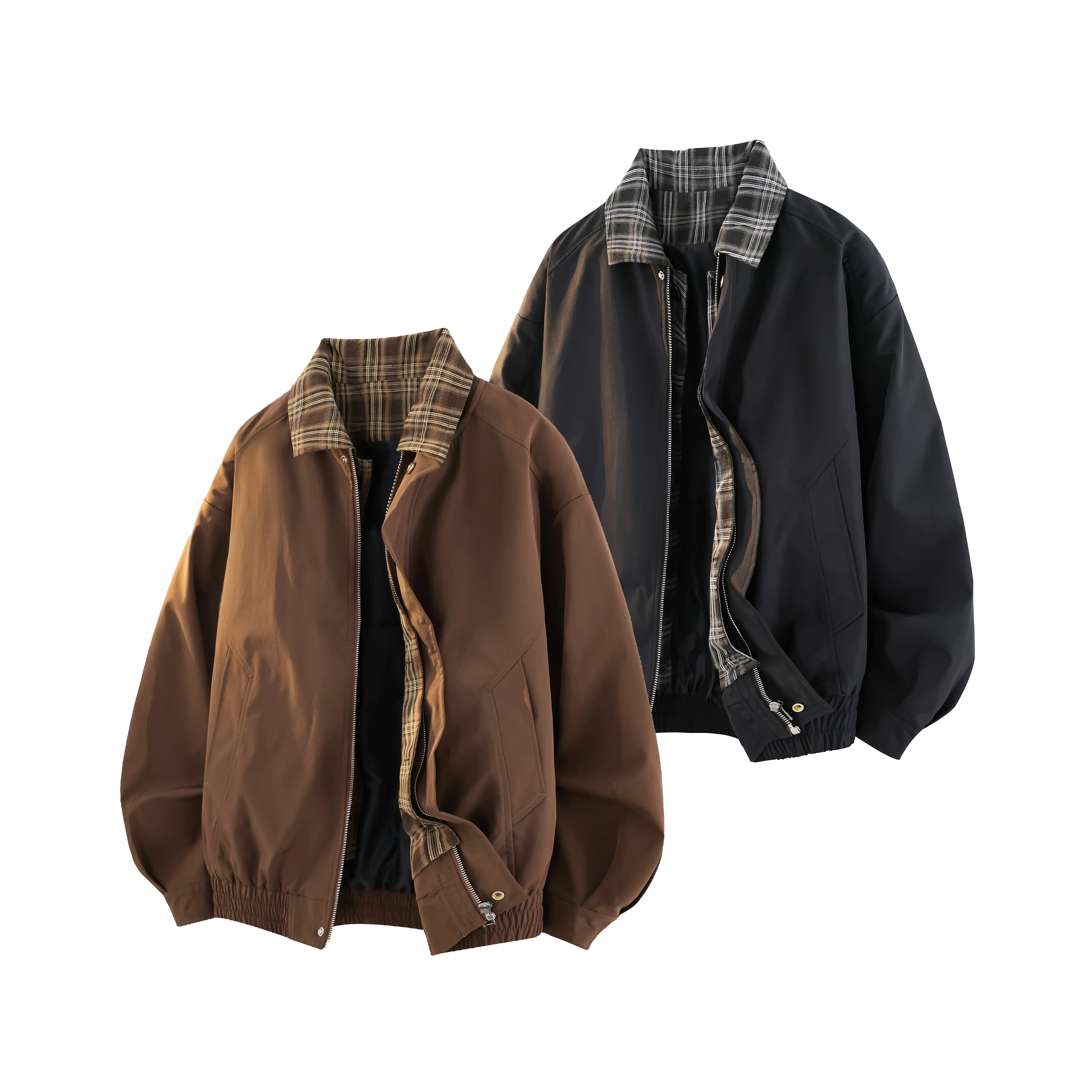 Men's Casual Zip-Up Bomber Jacket Lightweight Windbreaker - Plaid Contrast Collar with Elastic Hem, Side Pockets Retro Streetwear Coat, Spring Autumn Outerwear for Men (Black/Brown)