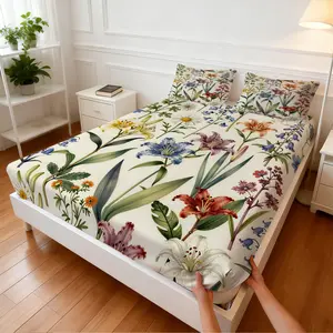 3Pcs Vintage Botanical Illustration Fitted Sheet Set, Fresh Watercolor Floral Design, Non-slip Fit Skin-friendly Breathable, Ideal for Summer Forest-Style Bedroom Home Renovation