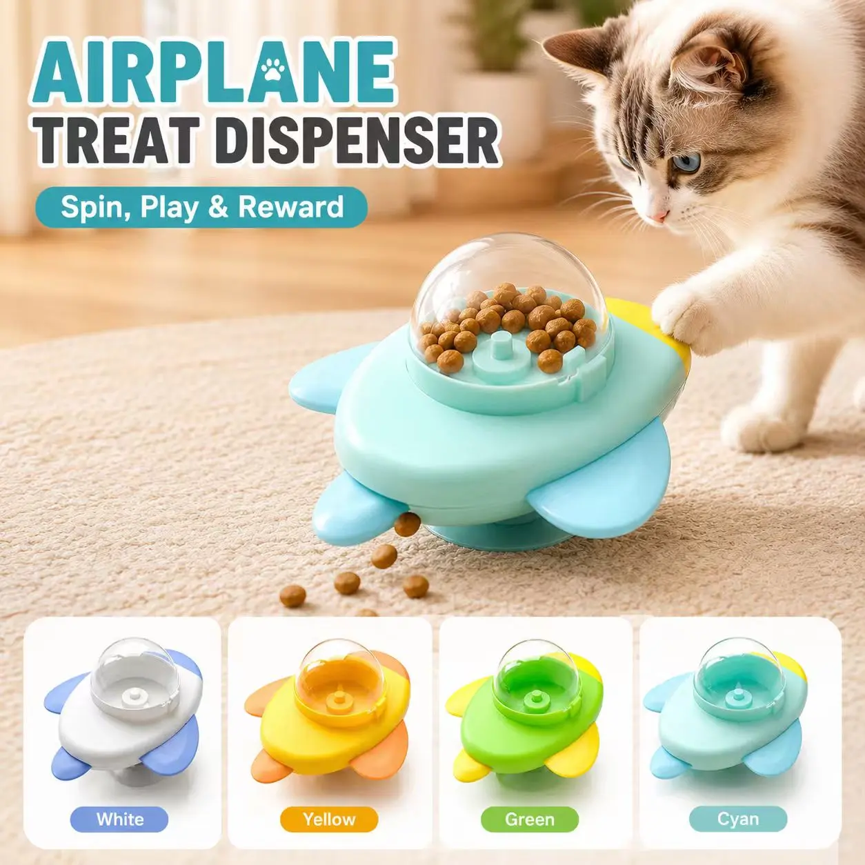 Airplane-Shaped Interactive Pet Treat Dispenser Toy, 360° Rotating Puzzle Slow Feeder with Suction Cup, Adjustable Bottom Treat Outlet, Mental Stimulation Toy for Cats & Small Dogs