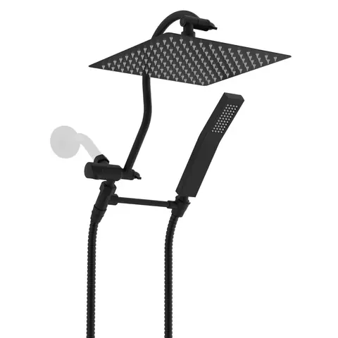 Hibbent Rust-Proof 304 Steel Hotel-Style Shower Combo Set, 10" Square High-Pressure Rainfall Showerhead with 144 Splash Jets, Handheld Wand, 12" Height Adjust Curved Extension Arm, 71" Hose, 2 Holders, Matte Black, Tool-Free Install, SUS 304 Durable Body